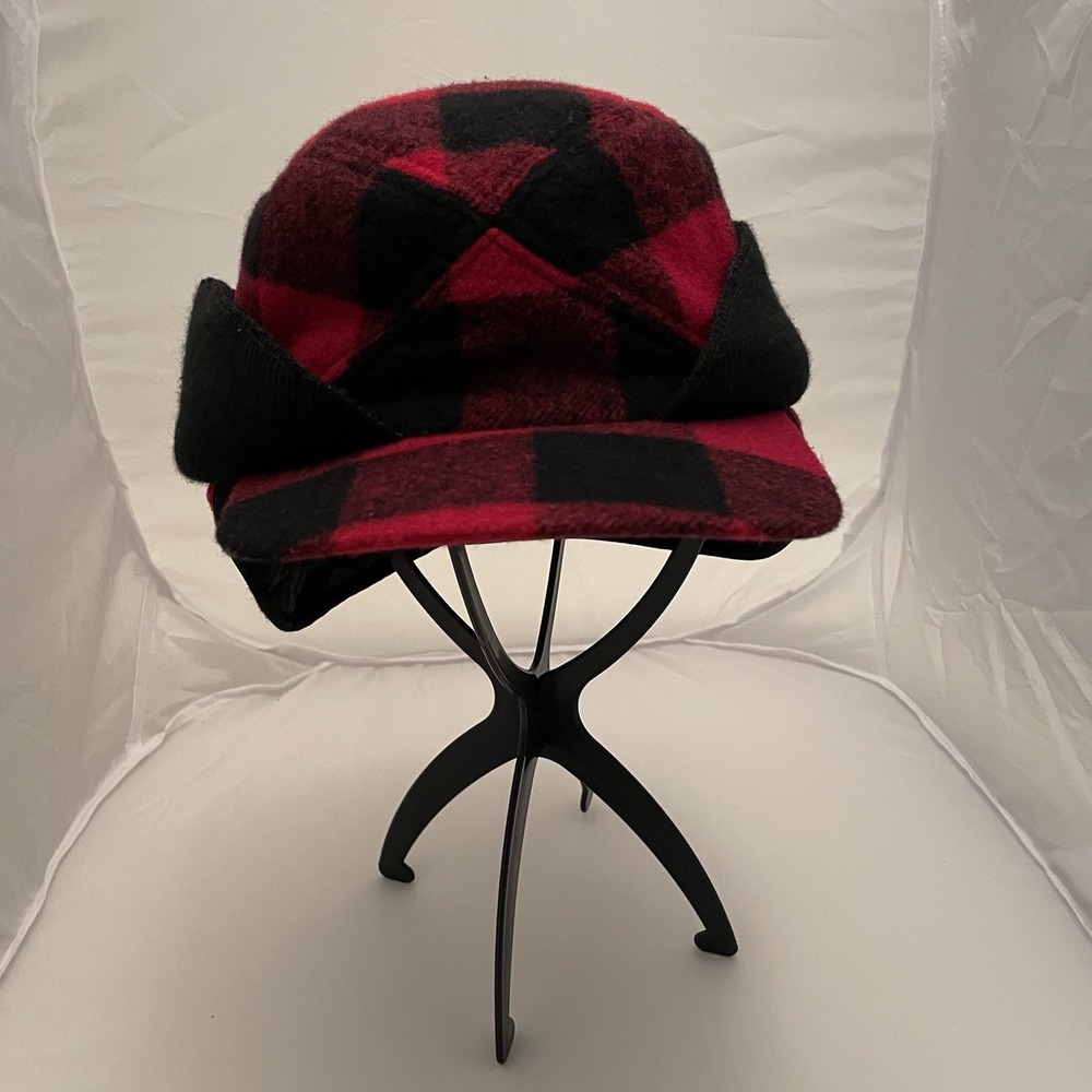 DPC Buffalo Plaid Trapper Hat, Red Flannel, Black Ear Flap 60% Wool,VTG, Large
